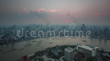 上海日落交通货物河湾屋顶全景4k时间流逝中国